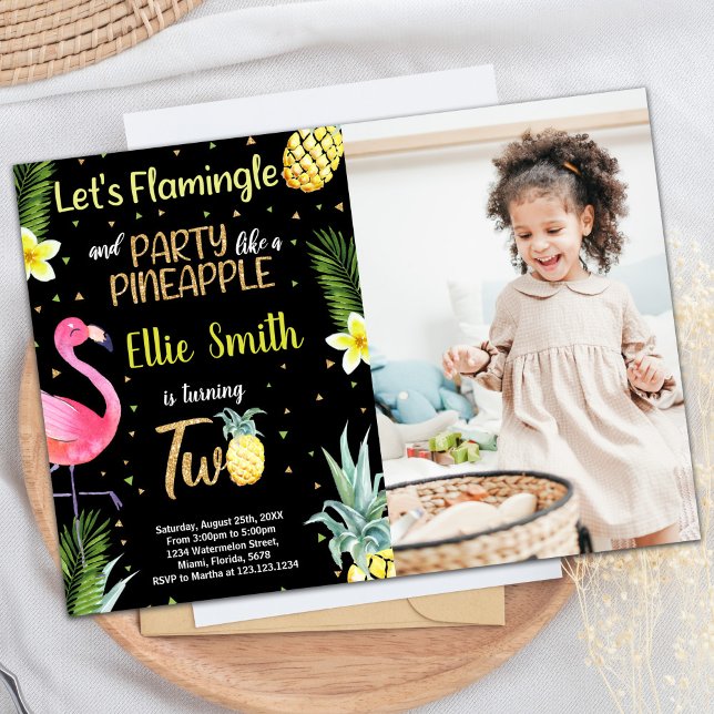 Convite Segundo Fotográfico Flamingo Pineapple Preto (Photo 2nd Black Glitter Flamingo Pineapple Invitation)