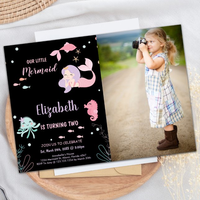 Convite Segundo Fotográfico Nossa Pequena Sereia Rosa Aniv (Photo 2nd Our Little Pink mermaid Birthday Invitation)