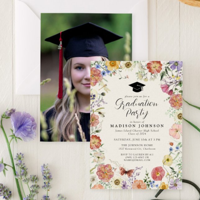 Convite Segundo grau de Fotografias com Flores Pressionada (Bloom into a Grad - Celebrate in Style 🌸)