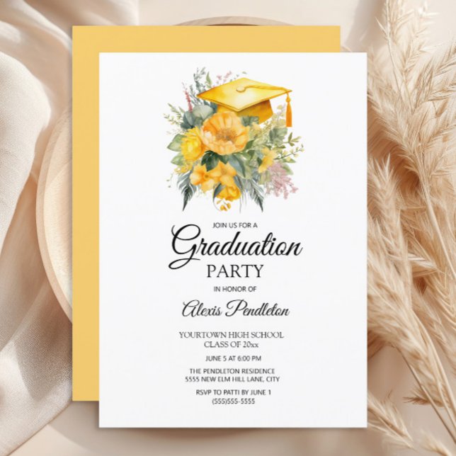 Convite Segundo grau Floral Boné de formatura Amarelo (Yellow graduation cap party invitation)