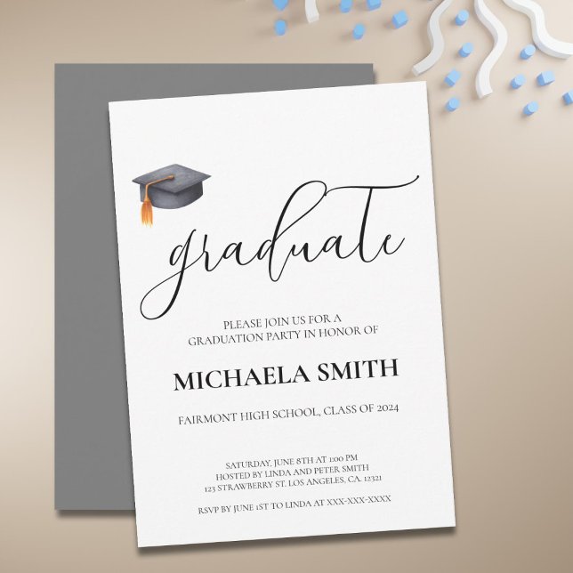 Convite Segundo grau preto moderno simples Festa de format (Simple Modern Black Cap Graduation Party Invitation)