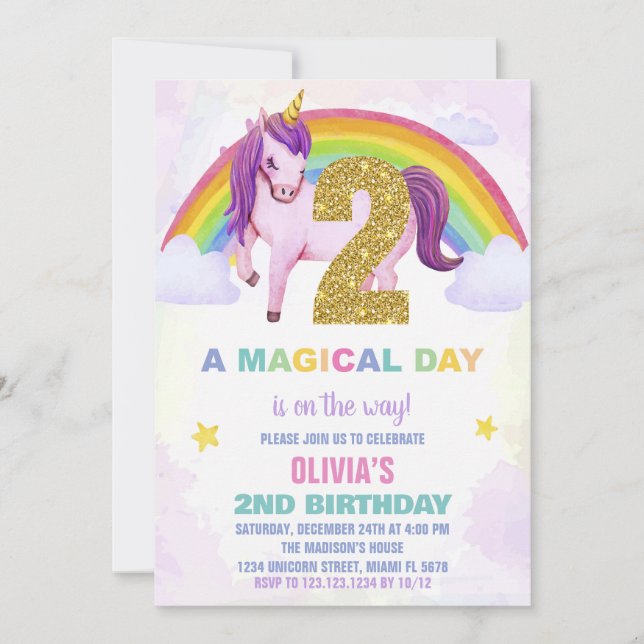 Convite segundo Rainbow Unicorn Aniversário Invoca Nuvem (Frente)