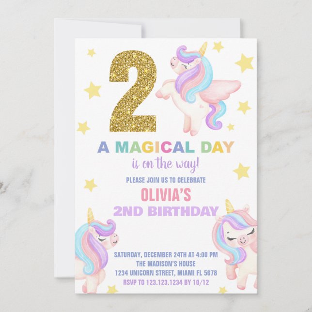 Convite segundo Rainbow Unicorn Aniversário Voa (Frente)