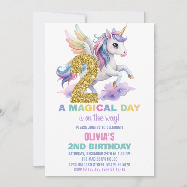 Convite segundo Rainbow Unicorn Aniversário Voa (Frente)