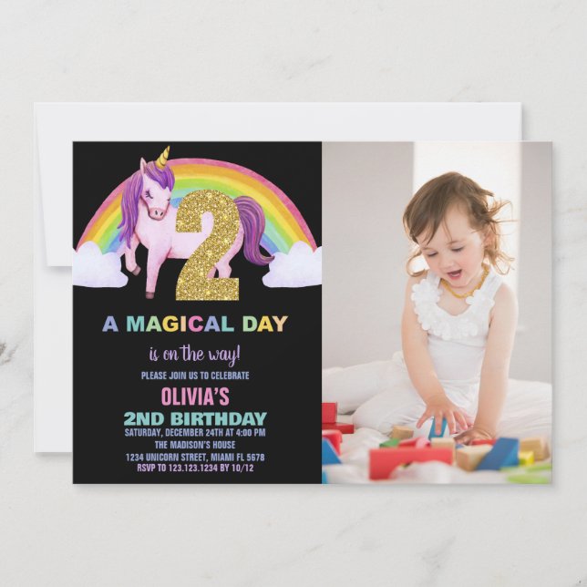 Convite segundo Rainbow Unicorn Birthday Invtions foto (Frente)