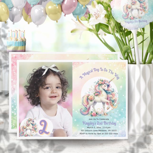 Convite segundo Segunda Festa de aniversário Unicórn Paste (2nd Second Unicorn Birthday Party Pastel Rainbow Invitation)