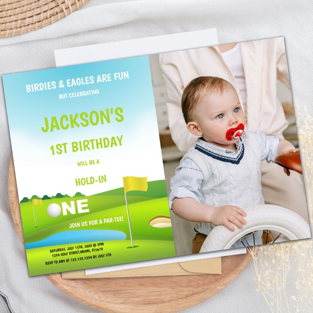 Convite Segure um Golf Birthday Invtions com foto (Hold in one Golf Birthday Invitations with photo)