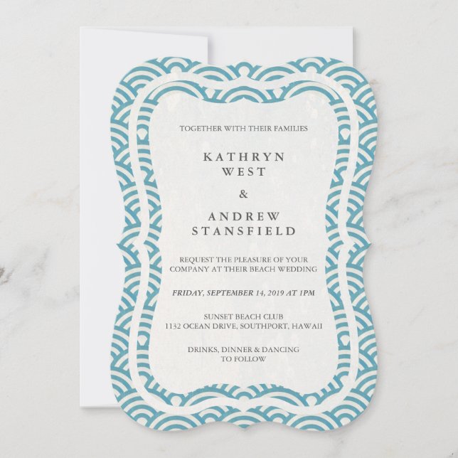 Convite Seigaiha Japonês Ondas De Praia Elegante (Frente)