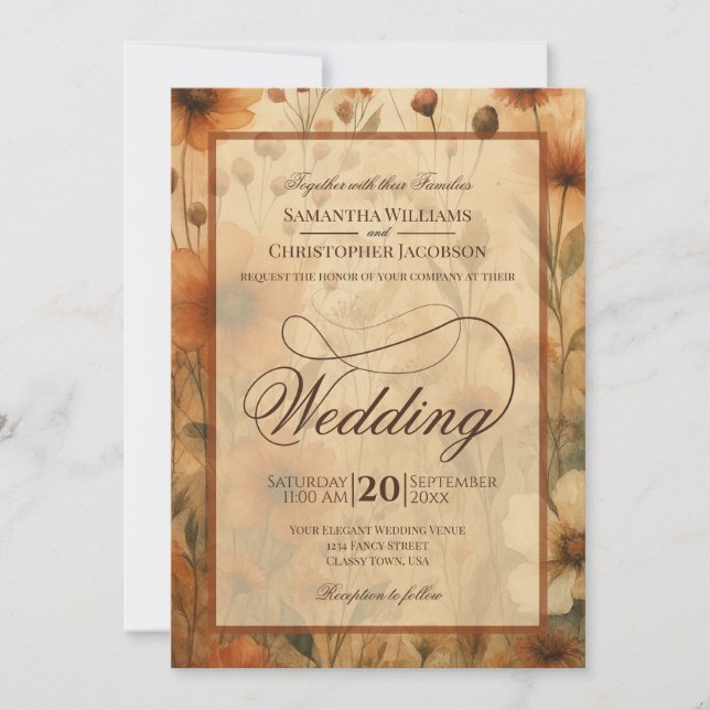 Convite Seinna Boho Wildflowers Fancy Script Wedding (Frente)