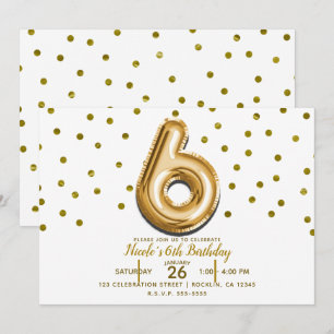 Convite SEIS 6 Balão Dourado & Confetes Festa de Aniversár