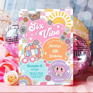Convite Seis é um aniversário de Vibe Retro Groovy Preppy 