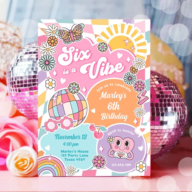 Convite Seis é um aniversário de Vibe Retro Groovy Preppy  (Criador carregado)