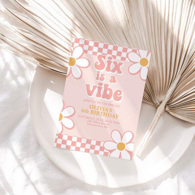 Convite Seis é um Clima Retro Check Pink Daisy (Criador carregado)