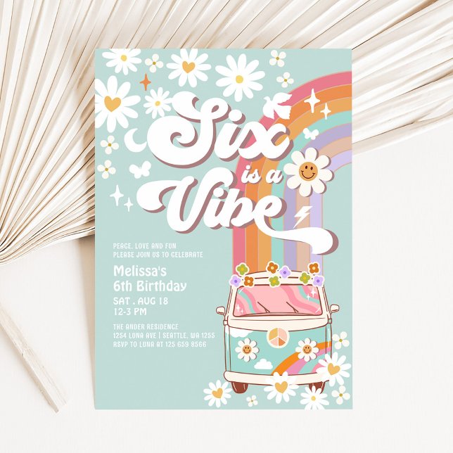 Convite SEIS é um Vibe Daisy Arco-íris Groovy 6º Aniversár (Criador carregado)