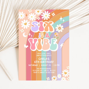 Convite SEIS é um Vibe Daisy Arco-Íris Groovy 6º Aniversár