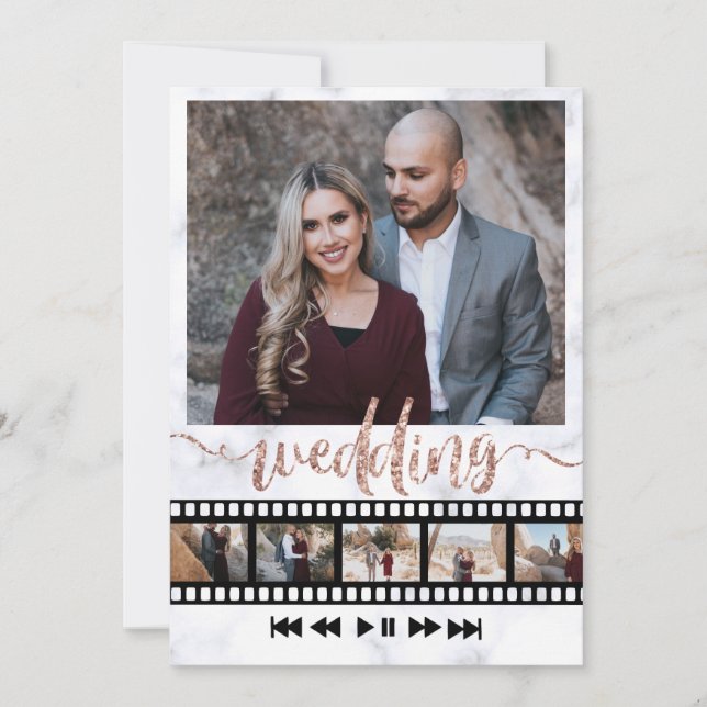 Convite Seis fotos Collage Movie Frame Rosa Glitter Dourad (Frente)