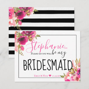 Convite Seja a minha dama de Bridesmaid Floral Rosa e Pret