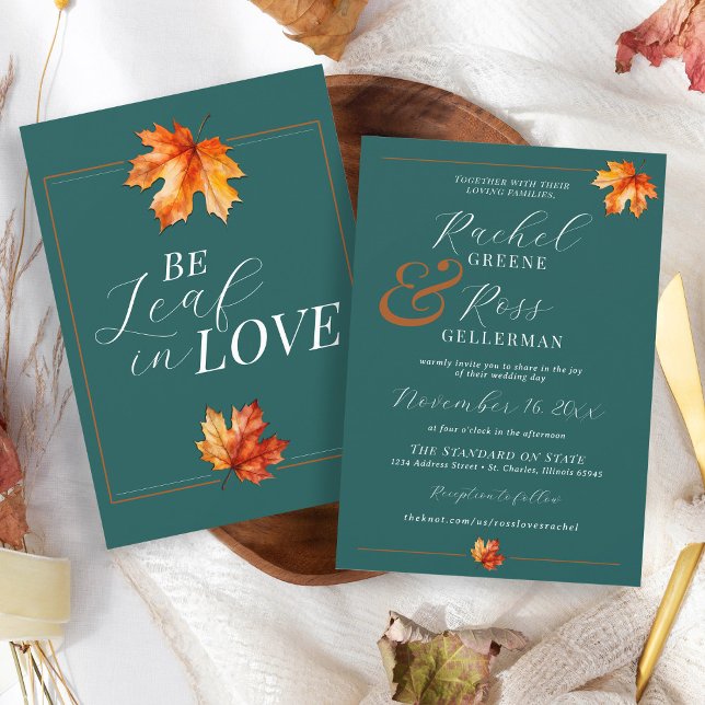 Convite Seja Folha Com Amor, Casamento outono Elegante De  (Elegant jewel tone teal burnt orange rust watercolor fall leaves autumn wedding invitation)