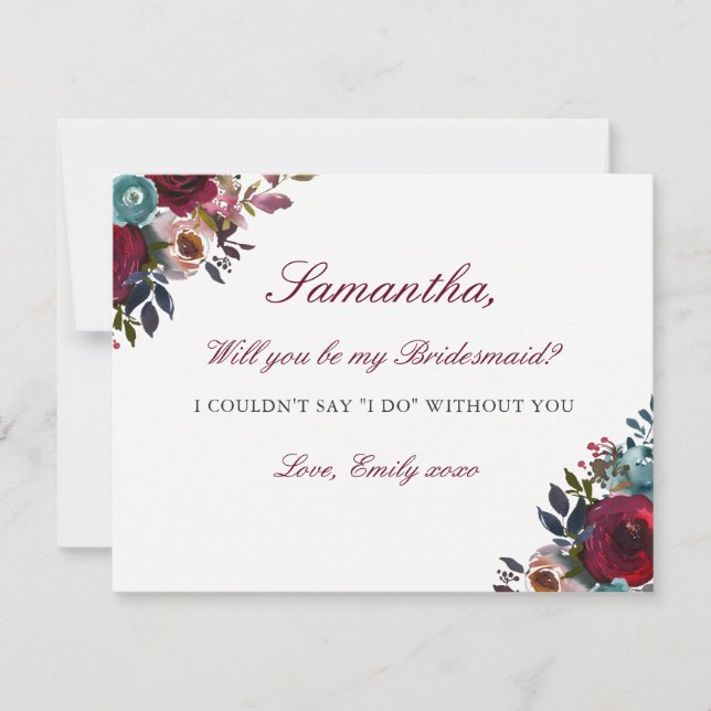 Convite Seja Minha Placa Bridesmaid Burgundy Watercolor Fl (Frente)