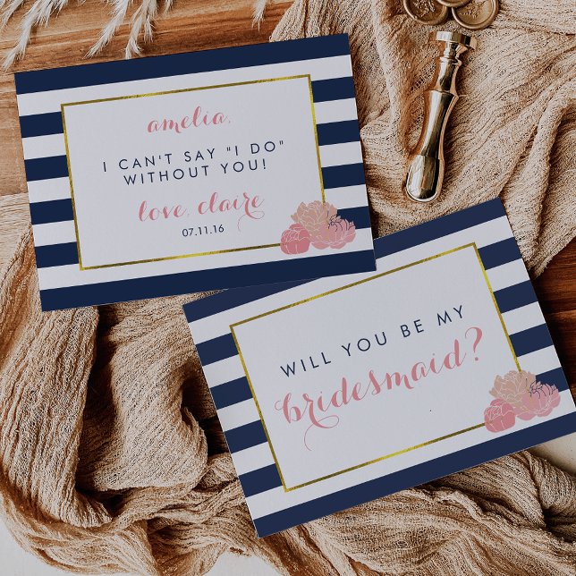 Convite Seja Minha Placa De Bridesmaid | Marinho Stripe &  (Criador carregado)