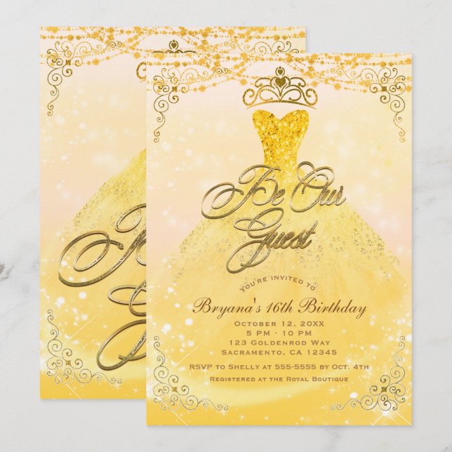 Convite Seja Noss Convidado Princesa Amarelo & Dourado Fes (Frente/Verso)