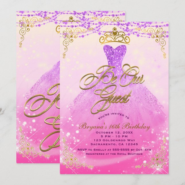 Convite Seja Nossa Convidada Princesa Roxo e Dourado Festa (Frente/Verso)