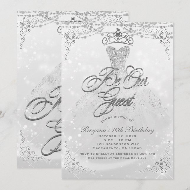 Convite Seja Nossa Convidade Princesa Branco Prata Festa S (Frente/Verso)