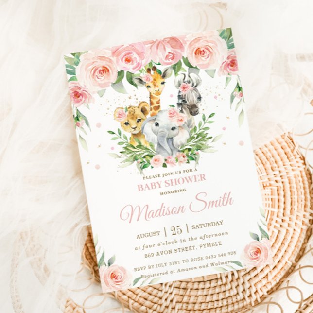 Convite Selgle Animal Safari Rosa Blush Chá de fraldas (Criador carregado)