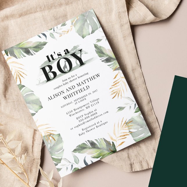 Convite Selgle Safari Palm Deixa Casais Chás de fraldas (Jungle Palm Leaves Couples Boy Baby Shower Invitation)