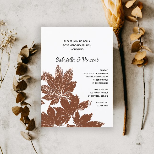 Convite Selo de Folha de Outono Marrom Café da Manhã Pós-C (Fall in Love with this natural woodsy wedding brunch invitation.)