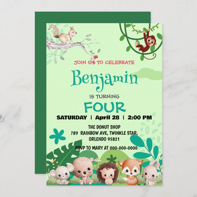 Convite selva de animais selvagens safari zoológico e fofo (Frente/Verso)