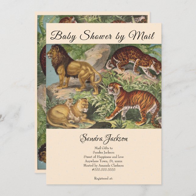 Convite Selva de gatos leões Chá de fraldas neutro por sex (Frente/Verso)
