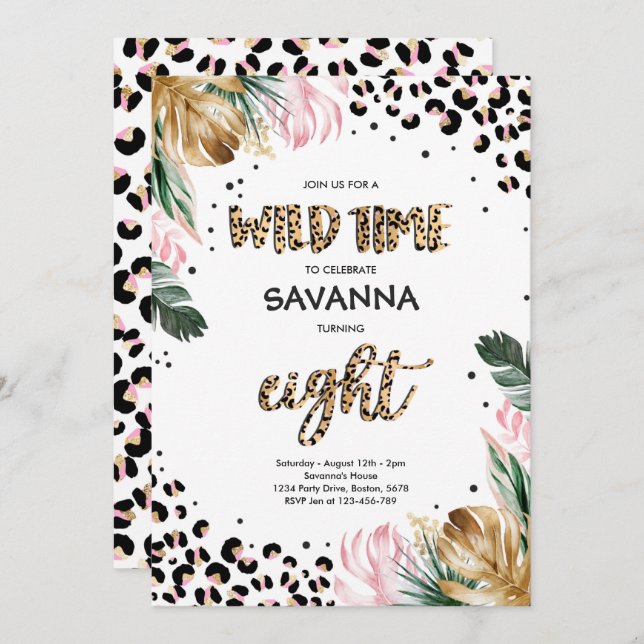 Convite Selva de Impressão de Leopardo Safari 8ª Festa de  (Frente/Verso)