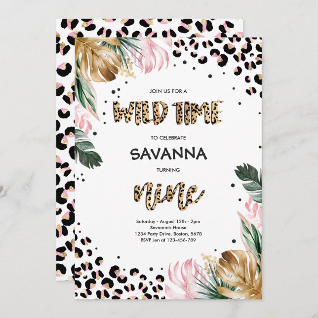 Convite Selva de Impressão Leopardo Safari 9ª Festa de ani (Frente/Verso)