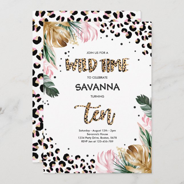 Convite Selva de Leopard Selva Safari 10ª Festa de anivers (Frente/Verso)