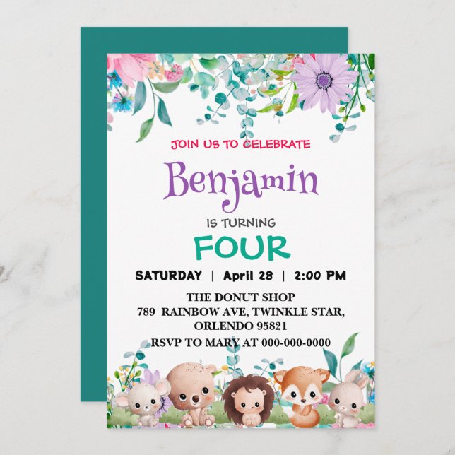 Convite Selva dos Animais do Zoo Floral Bonito Meninas de  (Frente/Verso)