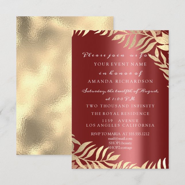 Convite Selva Dourada Borgonha Elegante Noiva Aniversário (Frente/Verso)