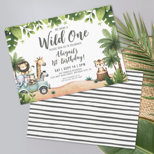 Convite Selva Safari Horizontal Selvagem Um primeiro anive (Jungle Safari Horizontal Wild One 1st Birthday Invitation)