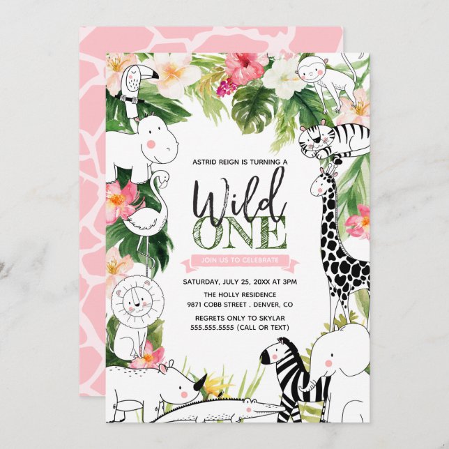 Convite Selva Uma Selva Safari Meninas Animais Primeiro An (Frente/Verso)