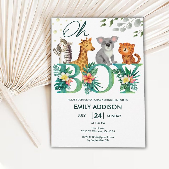 Convite Selva Verde Animais Oh Chá de fraldas Safari (Greenery Jungle Animals Oh Boy Safari Baby Shower Invitation)