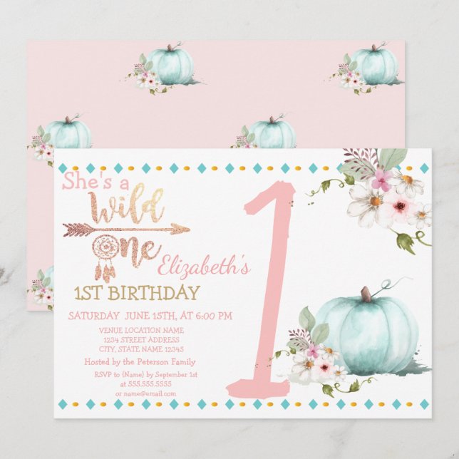 Convite Selvagem, Abóbora, Aniversário Boho (Frente/Verso)
