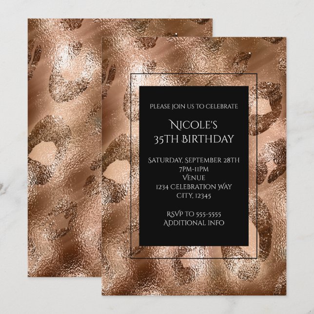 Convite Selvagem Chic de Festa com Leopardo Bronze (Frente/Verso)