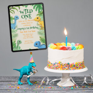Convite Selvagem, colorido, dinossauro fofo aniversário de