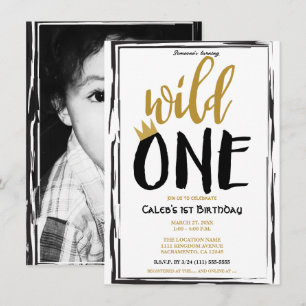 Convite Selvagem Preto + Foto Dourada 1 1º Aniversário