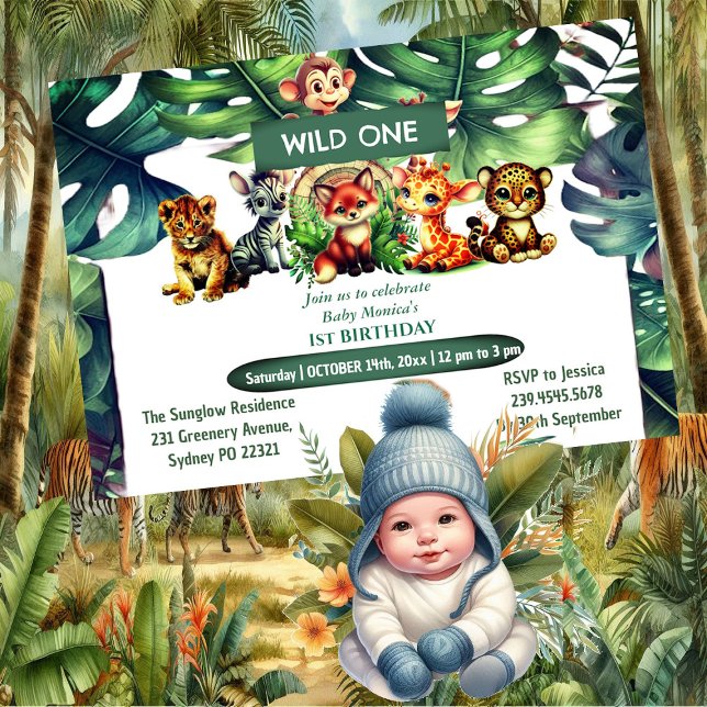 Convite Selvagem Selvagem Safari Cana Tropical de Um Anive (Wild One Birthday Jungle Safari Tropical Canopy Invitation)
