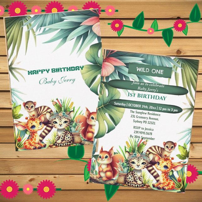 Convite Selvagem Selvagem Safari Verde Tropical (Wild One Birthday Jungle Safari Tropical Greenery Invitation)