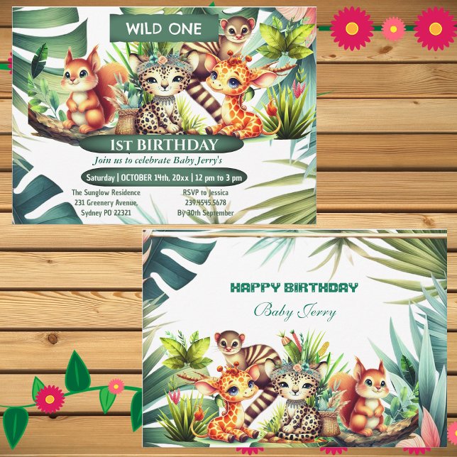 Convite Selvagem Selvagem Safari Verde Tropical (Wild One Birthday Jungle Safari Tropical Greenery Invitation)