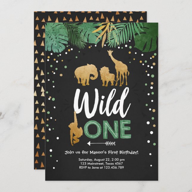 Convite Selvagem Um Dourado Safari Festa de aniversário de (Frente/Verso)