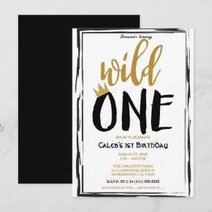 Convite Selvagem Um Preto + Foto Dourada 1 1º Aniversário
