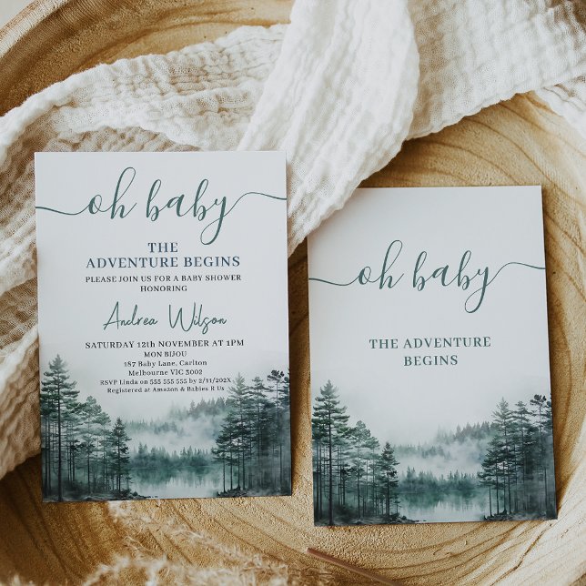Convite Selvagem Verde Que A Aventura Comece O Chá de fral (Green gender neutral wilderness baby shower invitation, The adventure begins baby shower invitation)